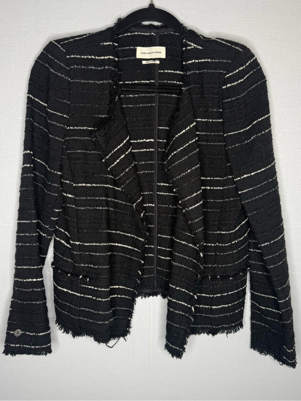 Isabel Marant Black and White Striped Open-Front Tweed Cardigan 40